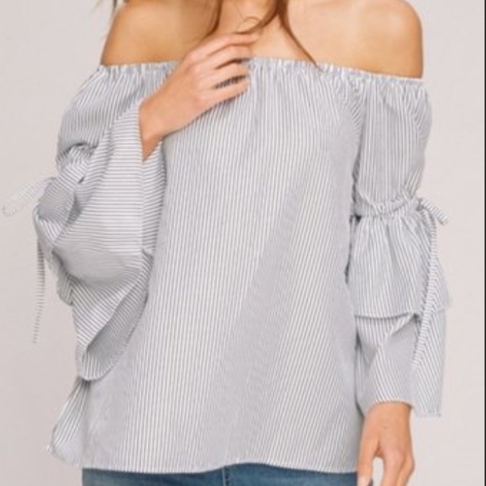 Striped Off Shoulder Bell Sleeve Tie Top
